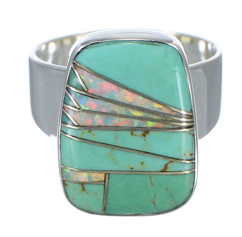 Turquoise And Opal Inlay Silver Ring Size 8-1/2 AX83270